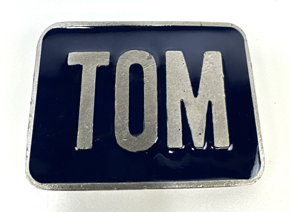 Vintage Metal Belt Buckle Blue Name Tom
