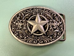 Centered Lone Star Fleur De Lis Design Swirl Silver & Balck Color Belt Buckle