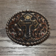 Men&rsquo;s « Cowboy Up » Oval Western Belt Buckle Floral Beaded Black/Gold/Copper