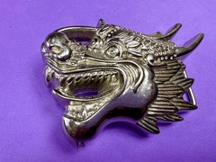 Mystical Asian Chinese Dragon Head Figural Cutout Silver Color Belt Buckle