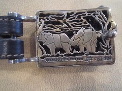 KIESELSTEIN-CORD ELEPHANT BELT BUCKLE W/BLACK LEATHER/BEIGE BELT SIZE 4