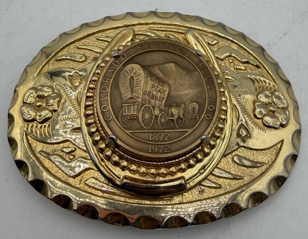 Colorado Springs Plus 100 Pikes Peak Or Bust Coin Belt Buckle Gold Tone
