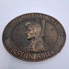 Vintage The Mutual Life First in America Insurance Advertising Metal Belt Buckle