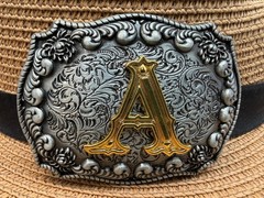 Antiqued Silver Gold Initial A Rectangle Western Cowboy Floral Vine Belt Buckle