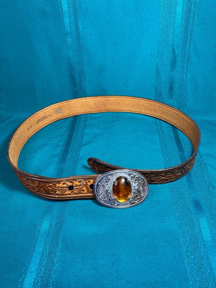 Tex Tan Full Grain Cowhide Belt Size 36 Tool Silver Buckle Polished Amber Stone