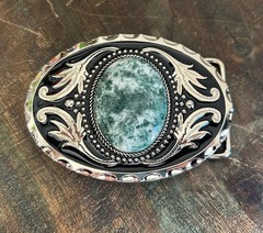Green Stone Belt Buckle Western Silver Engraved Cowboy Rodeo Style Design