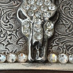 Western Longhorn Skull Belt Buckle Silver Engraved Floral Rhinestone Accents