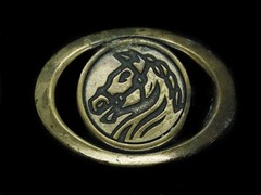TJ15115 REALLY COOL **HORSE** UNKNOWN COMPANY LOGO BRASSTONE BELT BUCKLE