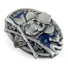 Dead Cowboy Belt Buckle Skull Guns Rattlesnake Blue Enamel Fits 1.5&Prime; Belts