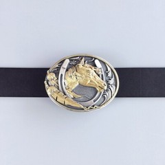 Vintage Style Two-Tone Silver Gold Plated Horse HorseShoe Oval Belt Buckle