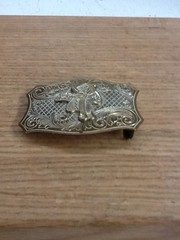 Vintage Western Horse Saddle Belt Buckle Solid Brass Engraved Floral Gold Tone