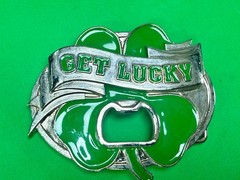 GET LUCKY Four Leaf Clover Shamrock St Patrick Day Belt Buckle Bottle Opener