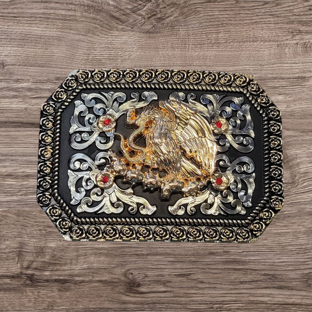 Cowboy Belt Buckle For Men Mexican Eagle 4.25&Prime;x3&Prime; Gold Tone/Silver/Black