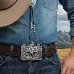 Men Buckle Silver Metal Bull Square Western Cowboy Casual Texas Long Horn Cow TX