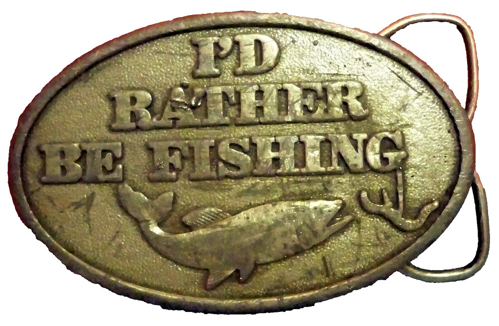 Vintage Metal I&rsquo;d Rather Be Fishing Belt Buckle Pewter Color Capt Hawk&rsquo;s USA