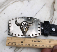 Silver Toned Metal Bull Steer Cow Head Face Belt Buckle & Leather Belt