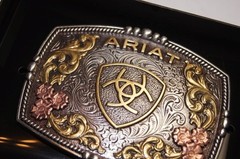 Ariat Western Belt Buckle Rectangle Floral Logo Silver & Gold Tone A37066