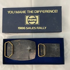 NIB Vintage SET Of 2 Brass PEPSI COLA Soda Pop 1986 SALES RALLY Belt BUCKLES