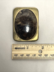 Vintage BTS Solid Brass Belt Buckle Brown Stone Cabochon Made USA 2&Prime; x 1.5&Prime; 79g