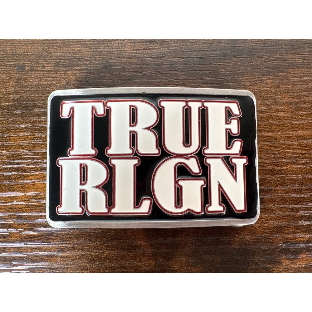 True Religion Mens Belt Buckle Silver Black Red White TRUE RLGN Logo Rectangular