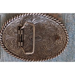 Justin Belt Buckle Western Cowboy Silver Tone Oval Engraved Floral Rope Edge