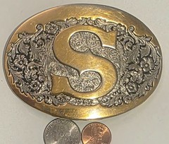 Vintage Metal Belt Buckle, Brass, Initial S, Letter S, Nice Western Style Design