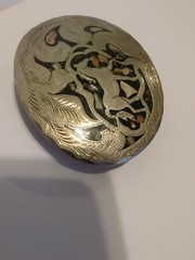 Vtg Mexico Western Horse Belt Buckle Handmade Silver Tone Inlaid Ablone Shell 3&Prime;