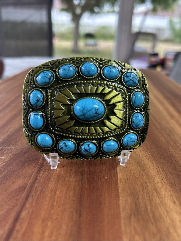GOLDEN TONE WESTERN WOMEN COWGIRLS TURQUOISE STONE Belt BUCKLE