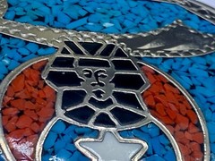 Egyptian Revival Turquoise Coral Inlay Silver Tone Oval Belt Buckle Signed