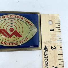 Vintage 1984 Los Angeles Olympics US Shooting Team Brass Belt Buckle Aiming Gold