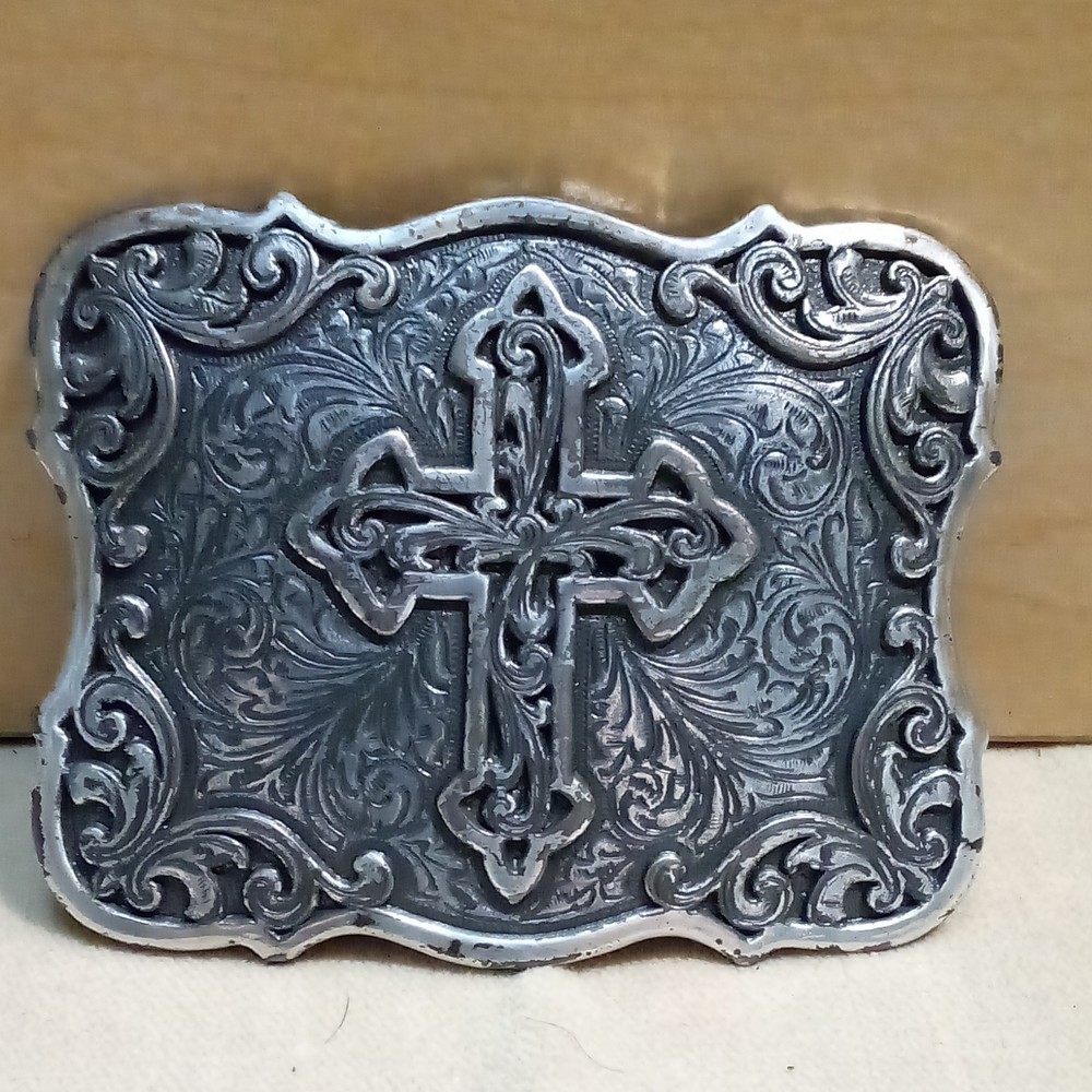 Men&rsquo;s Silver Western Cross Engraved Floral Belt Buckle Antique Finish 1.5in