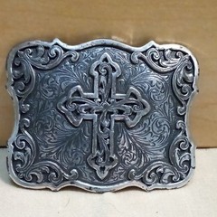 Men&rsquo;s Silver Western Cross Engraved Floral Belt Buckle Antique Finish 1.5in