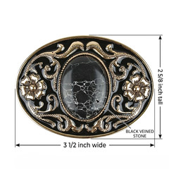 Western Belt Buckle Black Faux Oval Marble Stone Gold Floral Accents Enamel