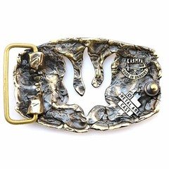 Handmade brass belt buckle Lava Trident, Ukrainian Polygonal Low poly design
