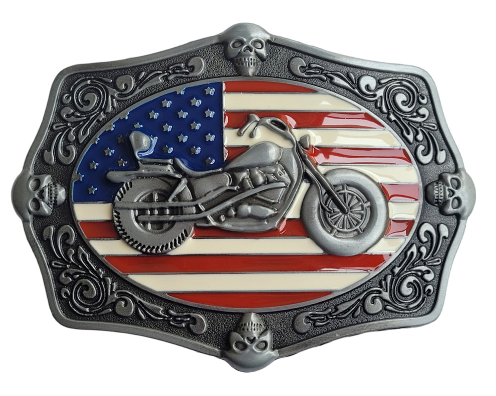 Silver Finish Biker XL Belt Buckle American Biker Belt Buckle US Flag Motorcycle