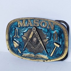 1986 The Great American Buckle Co Mason Belt Buckle Teal Enamel Masonic G USA