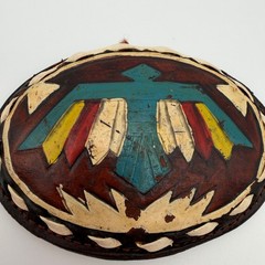 VTG Justin Leather Belt Buckle Hand Tooled Thunderbird Painted Oval 61-P
