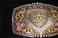 Ariat Western Belt Buckle Rectangle Floral Logo Silver & Gold Tone A37066