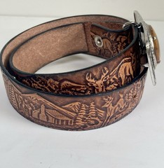 Vtg Tooled Leather Western Belt & Brown Stone BUCKLE 30/34 Small Deer Woods USA