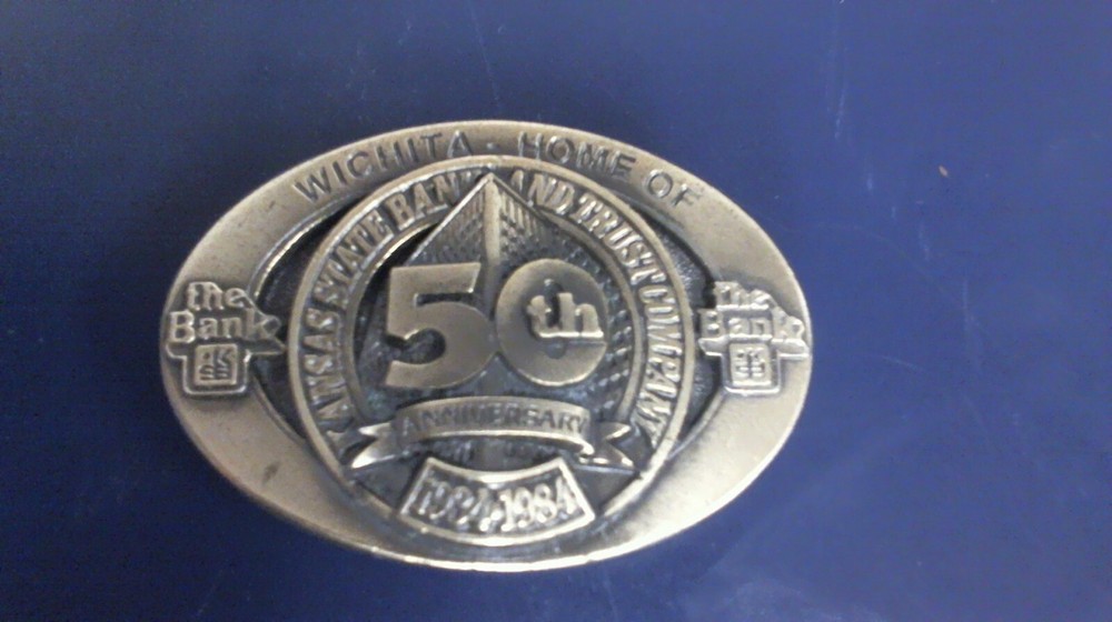 VTG Kansas State Bank & Trust Company ProAd Belt Buckle 50th Anniversary 1984