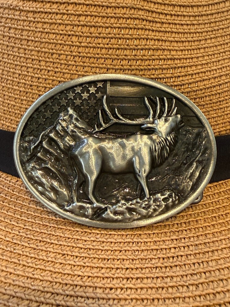 Antiqued Silver Classic Cowboy Snow Mountain Elk Belt Buckle 9.2×6.8cm