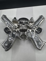 Rockin Rebel / Jeweled Skull And Guns Buckle / Rhinestones Belt Unisex 4”X3.5”