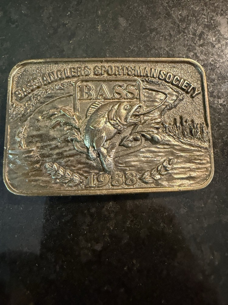 Vintage 1988 Bass Anglers Sportsman Society Brass Belt Buckle. USA