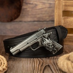 Large Replica Handgun Belt Buckle with Embossed Belt, Revolver/Pistol