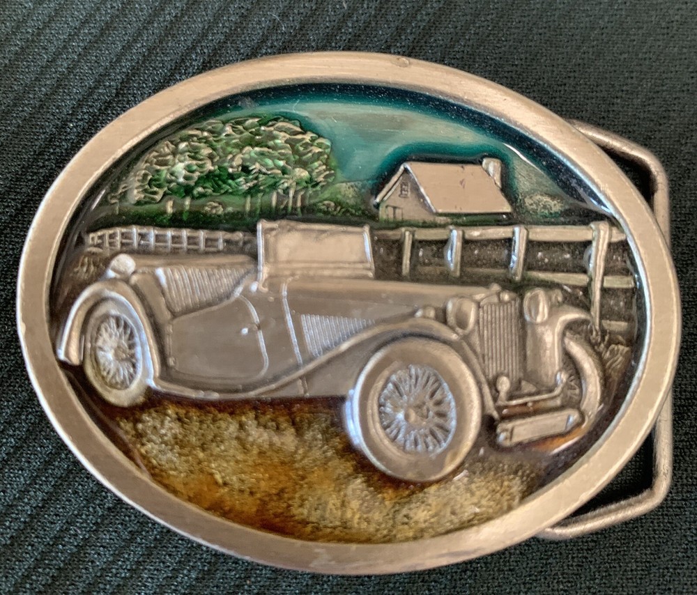 VINTAGE Belt Buckle PEWTER/ENAMEL Antique Convertible Car Fence Farm House 1984
