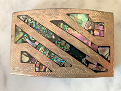 VTG ALPACA SILVER BELT BUCKLE ABALONE SHELL INSET ENGRAVED ARCHED SIGN
