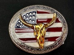 Texas Longhorn United States Flag Stars Stripes Forever Enameled Belt Buckle