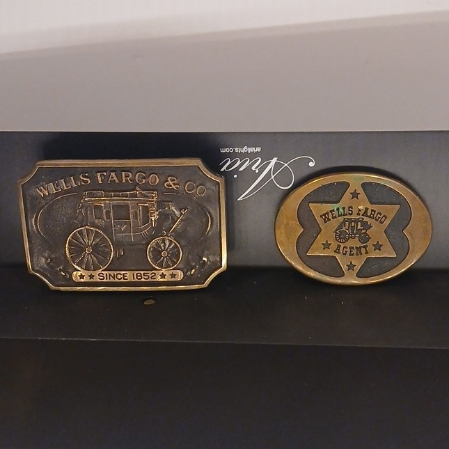 2Wells Fargo & Co Vintage Brass Western Belt Buckles 73 And77, 125th Anniversary