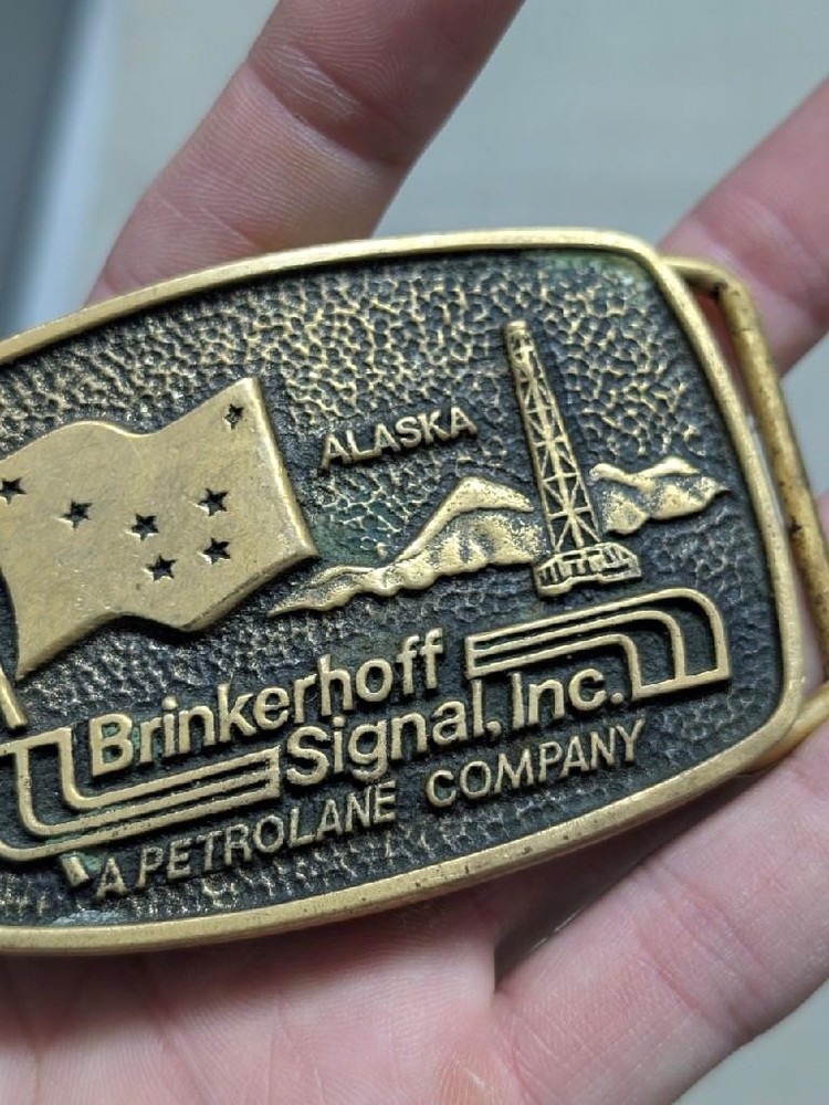 vintage 1970s belt buckle ALASKA well drilling OIL FIELD brinkerhoff BRASS