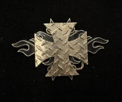 Vintage Y2K silver toned Maltese cross belt buckle and black flame details RARE